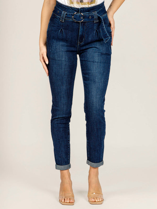 BRIANNA High-waist belted blue jeans