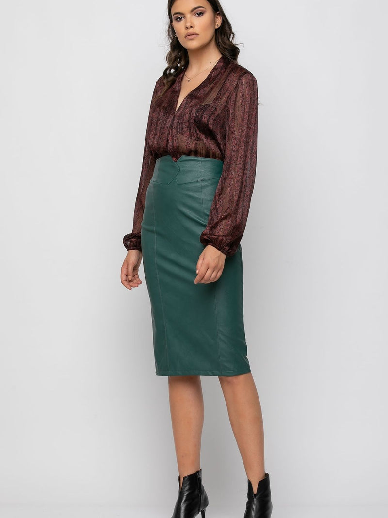 AYLA green leatherette pencil skirt